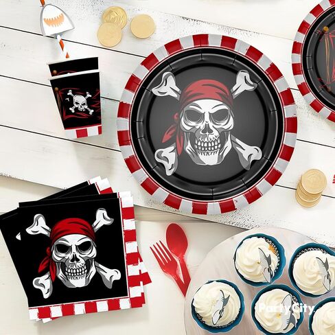 أدوات مائدة لتزيين حفلات القراصنة - لوازم حفلات أعياد ميلاد القراصنة على شكل جمجمة، طبق، كوب، منديل، مفرش طاولة، أدوات مائدة، قش، أواني طعام لتزيين حفلات القراصنة على شكل جمجمة | يخدم 24 in Kuwait