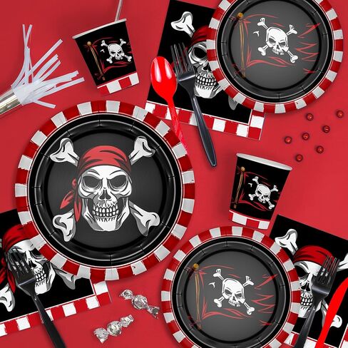 أدوات مائدة لتزيين حفلات القراصنة - لوازم حفلات أعياد ميلاد القراصنة على شكل جمجمة، طبق، كوب، منديل، مفرش طاولة، أدوات مائدة، قش، أواني طعام لتزيين حفلات القراصنة على شكل جمجمة | يخدم 24 in Kuwait