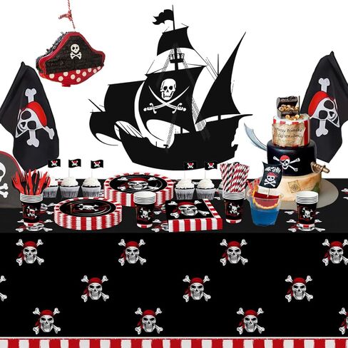 أدوات مائدة لتزيين حفلات القراصنة - لوازم حفلات أعياد ميلاد القراصنة على شكل جمجمة، طبق، كوب، منديل، مفرش طاولة، أدوات مائدة، قش، أواني طعام لتزيين حفلات القراصنة على شكل جمجمة | يخدم 24 in Kuwait