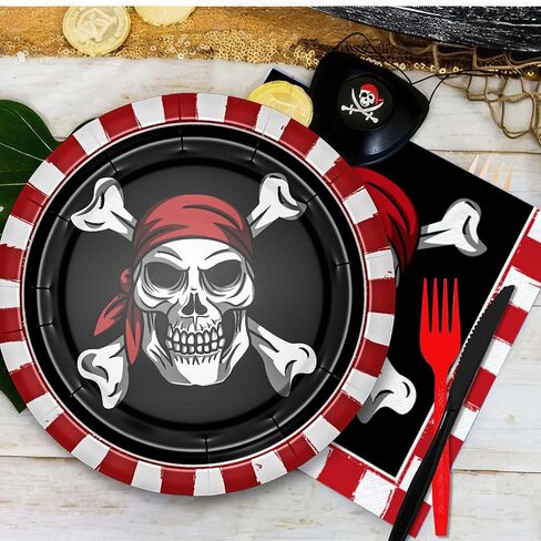 أدوات مائدة لتزيين حفلات القراصنة - لوازم حفلات أعياد ميلاد القراصنة على شكل جمجمة، طبق، كوب، منديل، مفرش طاولة، أدوات مائدة، قش، أواني طعام لتزيين حفلات القراصنة على شكل جمجمة | يخدم 24 in Kuwait