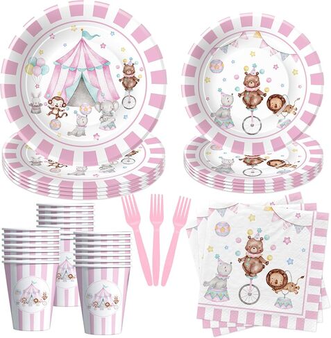 لوحات ومناديل عيد الميلاد ذات طابع السيرك الكرنفالي وديكورات الحفلات أدوات المائدة للفتيات - ديكورات الحفلات ذات طابع الكرنفال، طبق ورقي، كوب، منديل، شوكة، لوازم حفلات السيرك الوردي | يخدم 24 in Kuwait