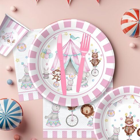 لوحات ومناديل عيد الميلاد ذات طابع السيرك الكرنفالي وديكورات الحفلات أدوات المائدة للفتيات - ديكورات الحفلات ذات طابع الكرنفال، طبق ورقي، كوب، منديل، شوكة، لوازم حفلات السيرك الوردي | يخدم 24 in Kuwait