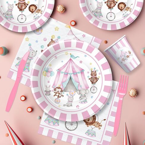 لوحات ومناديل عيد الميلاد ذات طابع السيرك الكرنفالي وديكورات الحفلات أدوات المائدة للفتيات - ديكورات الحفلات ذات طابع الكرنفال، طبق ورقي، كوب، منديل، شوكة، لوازم حفلات السيرك الوردي | يخدم 24 in Kuwait