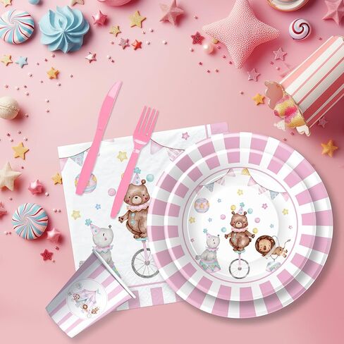 لوحات ومناديل عيد الميلاد ذات طابع السيرك الكرنفالي وديكورات الحفلات أدوات المائدة للفتيات - ديكورات الحفلات ذات طابع الكرنفال، طبق ورقي، كوب، منديل، شوكة، لوازم حفلات السيرك الوردي | يخدم 24 in Kuwait