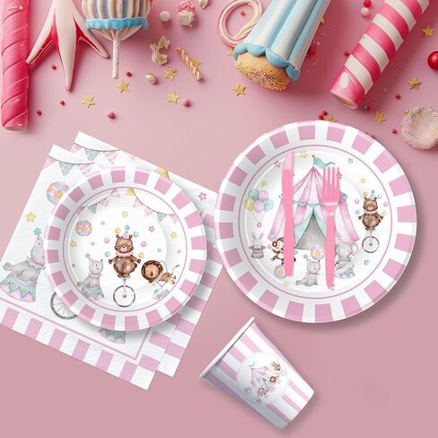 لوحات ومناديل عيد الميلاد ذات طابع السيرك الكرنفالي وديكورات الحفلات أدوات المائدة للفتيات - ديكورات الحفلات ذات طابع الكرنفال، طبق ورقي، كوب، منديل، شوكة، لوازم حفلات السيرك الوردي | يخدم 24 in Kuwait