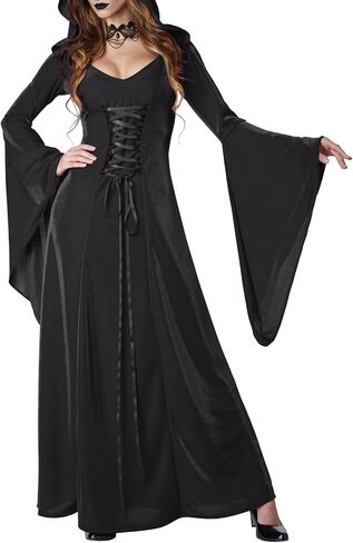 Women's Renaissance Medieval Halloween Hooded Dresses Lace Up Cosplay Costumes Vintage Maxi Cloak Robes in Saudi Arabia