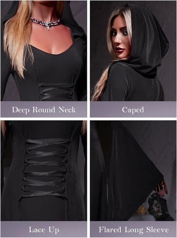 Women's Renaissance Medieval Halloween Hooded Dresses Lace Up Cosplay Costumes Vintage Maxi Cloak Robes in Saudi Arabia