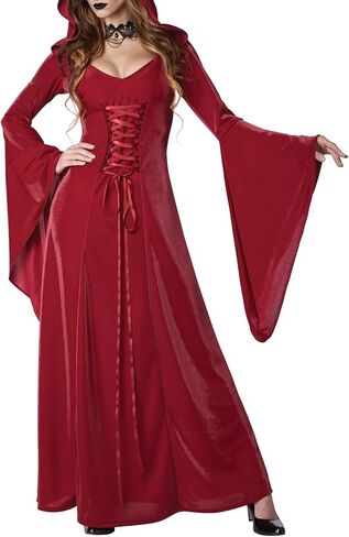 Women's Renaissance Medieval Halloween Hooded Dresses Lace Up Cosplay Costumes Vintage Maxi Cloak Robes in Saudi Arabia