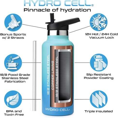 زجاجة مياه من الفولاذ المقاوم للصدأ HYDRO CELL مع شفاطة و2 غطاء فم قياسي (32oz 24oz 20oz 16oz) تحافظ على السوائل ساخنة أو باردة مع جدار مزدوج معزول بتصميم رياضي مانع للتسرب (أزرق مخضر/أزرق 20oz) in Kuwait