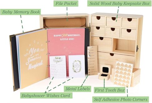صندوق تذكار للأطفال من خشب الصنوبر الفاخر مع كتاب ذاكرة - مساحة تخزين متينة وواسعة للتذكارات in Kuwait