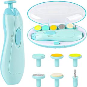 Baby Nail Electric Trimmer, Trim Polish Grooming Kit with 6 Grinding Head and LED Light, Safe Nail Clippers Nail File Kit for New Born Infant Toddler or Adults Toes and Fingernails (Blue)