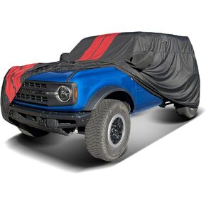 Coverland Custom Car Cover Waterproof All Weather for Ford Bronco 4-Door Soft Top w/Spare Tire 2021-2024, Weatherproof Car Covers for Automobiles, Rain, Snow, UV, Sun Protection, Stripe(Black/Gray)