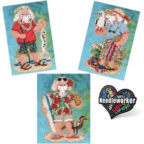 Mill Hill Tropical Santa Set (2012) Set of 3 Beaded Cross Stitch Kits Including Hawaii, Tahiti and Christmas Island Santas, Plus Decorative 'Needleworker' Sticker