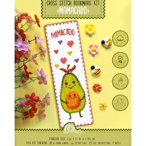 Povitrulya Counted Cross Stitch kit Mamacado - Embroidery Set for DIY Bookmark with 16 Count Blank Aida Fabric, Paper Pattern and presorted Floss