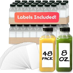 Reli. Plastic Juice Bottles [48 Bulk Pack] [8 oz] Square Plastic Juice Bottles with Caps & Sticker Labels | Clear Juice Bottles for Juicing 8oz | Disposable, Reusable Bottles for Juicing, Smoothies
