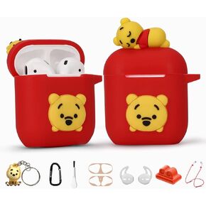 Winnie Cartoon Case for Apple Airpod 2nd 1st, 9 in 1 Accessories Set Protective Cover, Silicone Case/Stitch Keychain/Carabiner/Metal dust Sticker/Cleaning Brush/Anti-Lost Rope.The Best Gift
