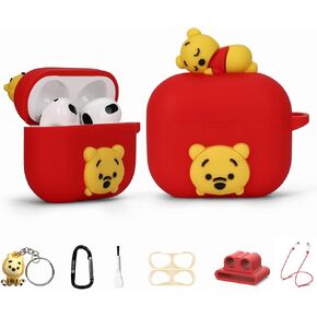 Winnie Cartoon Case for Apple Airpod 2nd 1st, 9 in 1 Accessories Set Protective Cover, Silicone Case/Stitch Keychain/Carabiner/Metal dust Sticker/Cleaning Brush/Anti-Lost Rope.The Best Gift