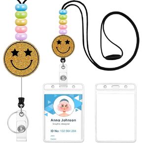Plifal Teacher Lanyards for Id Badges Reel Retractable Keys Holder Cute Smile Funny Aesthetic Glitter Beaded Card Keychain for Women Student Work School Office