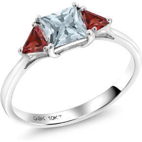 Gem Stone King 10K White Gold Sky Blue Aquamarine and Red Garnet 3 Stone Engagement Ring For Women (0.90 Cttw, Gemstone March Birthstone, Princess Center 5MM, Trillion 3.5MM)
