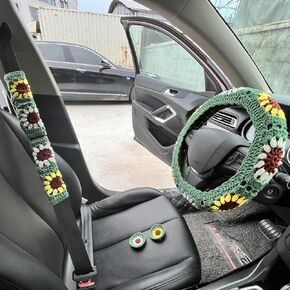14-15'' Crochet Sunflower Steering Wheel Cover Set,Vintage Handmade Sunflower Seat Belt Cover,Boho Car Interior Accessories Decoration for Women HZYZW (HZYZW10, A Wheel Cover)