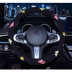 Cute Car Steering Wheel Cover with Embroidery Pattern for Women Girls, Short Flannel, Universal 15 inch (A#)