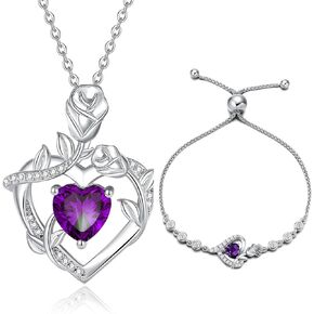 AGVANA February Birthstone Jewelry Amethyst Necklace Bracelet for Women Sterling Silver CZ Rose Flower Heart Pendant Mothers Day Gifts for Mom Anniversary Birthday Gifts for Girls Her