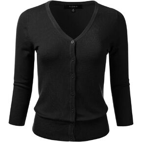 FLORIA Women's Button Down 3/4 Sleeve V-Neck Stretch Knit Cardigan Sweater (S-3X)