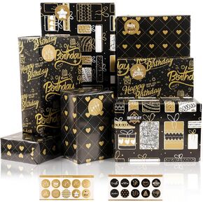 Birthday Wrapping Paper Set, 6 Sheets Kraft Brown Recycled Gift Wrapping Paper with Stickers, Gift Wrapping Paper with Happy Birthday Pattern Design for Kids Girls Women Boys Men Adults, 20×28 inches