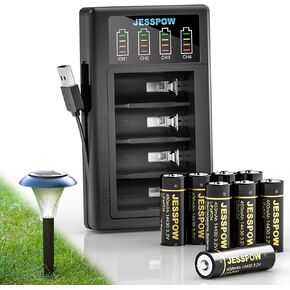 14430 3.2 Volt Rechargeable Solar Battery with Charger, Rechargeable LiFePo4 Batteries [ 450mAh 3.2V 8Pack ] for Outdoor Garden Light, Solar Panel Light, Shaver, Flashlight (NOT AA Battery)