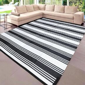 Pcinfuns Plastic Straw Rug,Patio Rugs RV Camping Rug Reversible Mat,6'x9' Reversible Mats Large Floor Mat and Rug for Outdoor,Black & White Thin Stripe