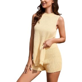 Women's Summer Sweater Sets 2 Piece Outfits Casual Knit Pullover Top and Shorts Matching Sets