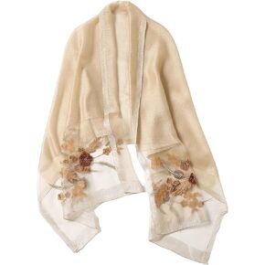 Jeelow Fashion Lightweight Light Silk Wool Scarf Shawl Wrap For Women Floral Embroidery