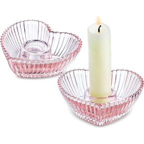 3'' Pink Glass Candlestick Holders, Set of 2 Heart Shaped Candle Holders for Wedding, Party, Decoration and Dining