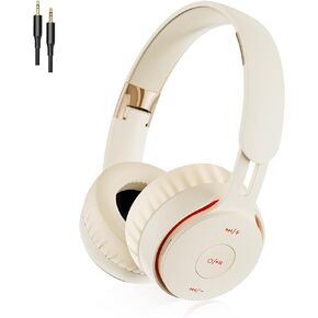 Wireless Bluetooth Headphones Over Ear, Hi-Fi Stereo Foldable Wired/Wireless/TF. with Microphone Foldable Lightweight Headset, Deep Bass .25 Hours Playtime (Beige)