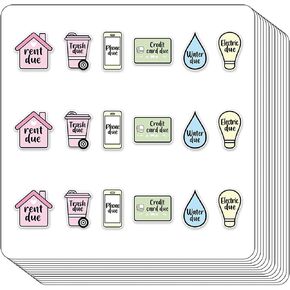 Rent Bills Due Reminder Planner Stickers, Credit Card Water Trash Electric Due Labels 234-Pack