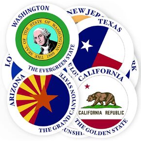 Fifty US States Stickers, 57 Pcs Vinyl Waterproof Round Sticker Pack Featuring State Flags and Nicknames for Luggage Laptop Water Bottle Motorcycle, School and Travel Use Decals