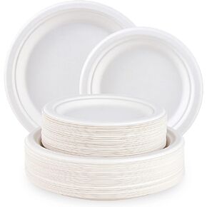 ECOLipak 120 Pack Compostable Paper Plates, 9 inch and 7 inch Heavy Duty Disposable Paper Plates, Eco friendly Sugarcane Biodegradable Plates for Party Dinner Birthday