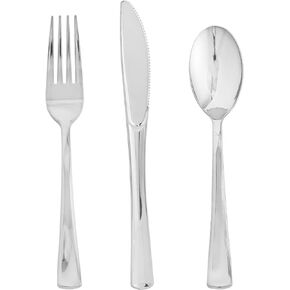 FOCUSLINE 75 Pack Silver Plastic Silverware Disposable Cutlery Set - 25 Forks, 25 Knives, 25 Spoons - Disposable Flatware Heavy Duty Plastic Utensils Set for Catering, Parties, Dinners, Weddings