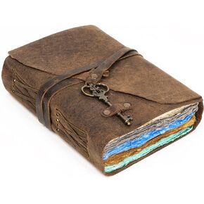 Vintage Leather Journal for Women & Men, 240 Pages Multicolor Deckle Edge Paper with Pen Loop & Key, Leather Scrapbook, Book of Shadows, Vintage Journal, Old Books, Grimoire, Antique Journal