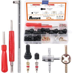65 pcs Tire Valve Stem Tool Puller and Installer Kit- 50 Pcs Valve Cores with Slotted-Head Valve Caps, Tire Stem Puller Tools,Dual Single Head Valve Core Remover and 4-Way Valve Tool