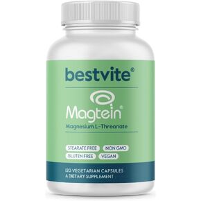 BESTVITE Magtein Magnesium L-Threonate Capsules - 2000mg per Serving (120 Vegetarian Capsules) - Patented and Bioavailable Magnesium - No Stearates - No Fillers - Vegan - Non GMO - Gluten Free