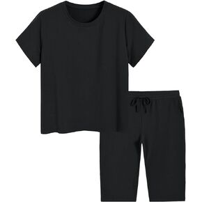 Weintee Women's Plus Size Petite 2 Piece Outfits Matching Top and Capris Loungewear Set