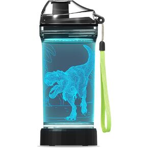 Kids Water Bottle with 3D Glowing Dinosaur LED Light - 14 OZ Tritan BPA Free - Creative Ideal Travel Cup Dinosaur Gift for School Kid Boy Child Holiday Camping Picnic