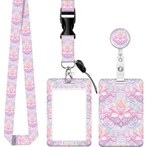 ID Badge Holder with Lanyard and Retractable Reel Clip Fashionable Card Name Tag Protector for Nurses, Doctors, Teachers and Students Soft Fiber,Metal Clip, Sturdy Buckle(Watercolor Flowers)