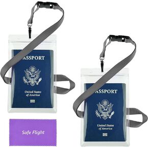 Transparent Passport ID Badge Holder Extra Large 6x4" with 17" Neck Lanyard - 2 Pack Bundle-with Safe Flight Retail Packaging and Cleaning Cloth