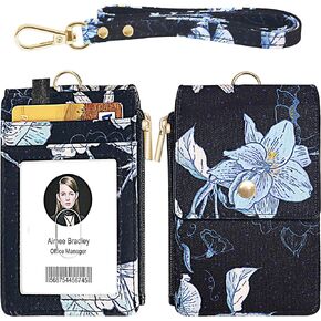 ELV Badge Holder with Zipper, ID Badge Card Holder Wallet with 5 Card Slots, 1 Side RFID Blocking Pocket and Neck Lanyard Strap for Offices ID, School ID, Driver Licence (Rose Floral Black)