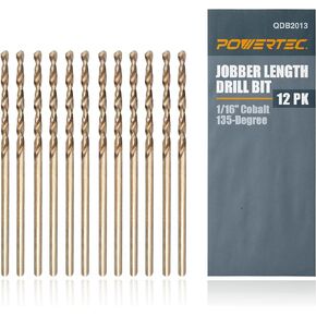 POWERTEC QDB2013 1/16" Cobalt Drill Bit, 12 Pack, M35 Cobalt Drill Bit Set for Metal, Stainless Steel & Cast Iron