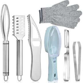 7 Pieces Fish Scaler Brush Remover with Gray Mitten, Stainless Steel Sawtooth Remover Removing Peeler Cleaning Tool Fish Shape Tweezers for Fish Scales Removing Peeling