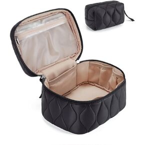 BAGSMART Travel Makeup Bag, 2-Piece Puffy Quilted Cute Make Up Bag Cosmetic Bags for Women, Large Wide-Open Toiletry Pouch Gifts for Toiletries Accessories Travelling Essentials, Pink