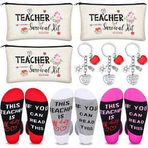 Sureio 9 Pcs Teacher Appreciation Gift Set, Includes 3 Survival Kit Bags 3 Socks 3 Keychains for Teacher's Day Graduation(Flower Style)